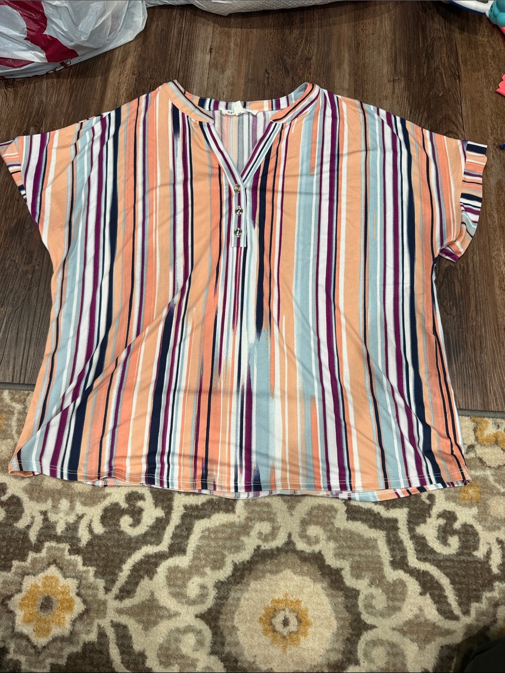 Striped V-Neck Short Sleeve Top in Peach and Multi-Color